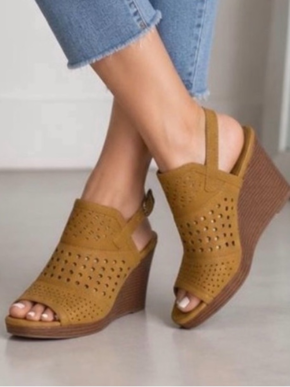 Jasmin Mustard Yellow Open Toe Wedge Heels